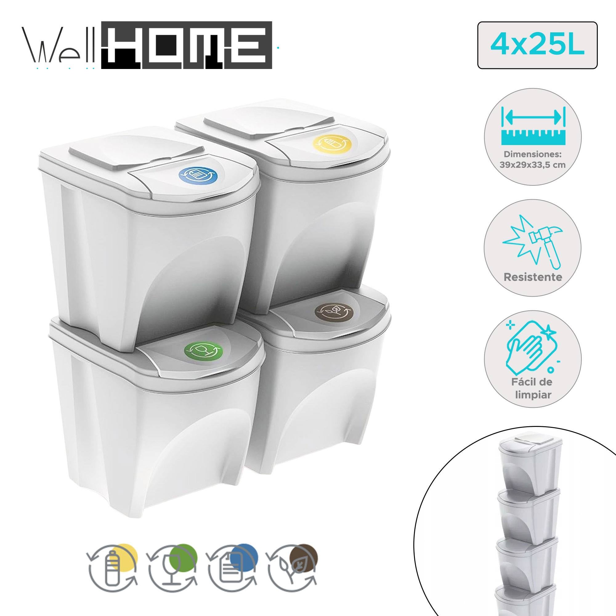 Set Di 4 Bidoni Per La Raccolta Differenziata Sortibox Da 80 Litri (4x20L) - Impilabili, Colori Diversi, Per Cucina O Ufficio