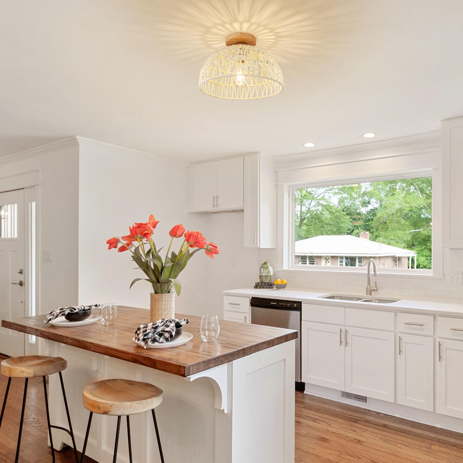 Lampa sufitowa z rattanu, żyrandol w stylu boho, ręcznie tkana lampa wisząca, żyrandol w stylu wabi-sabi do domu na wsi, sypialni, przedpokoju, holu - 3