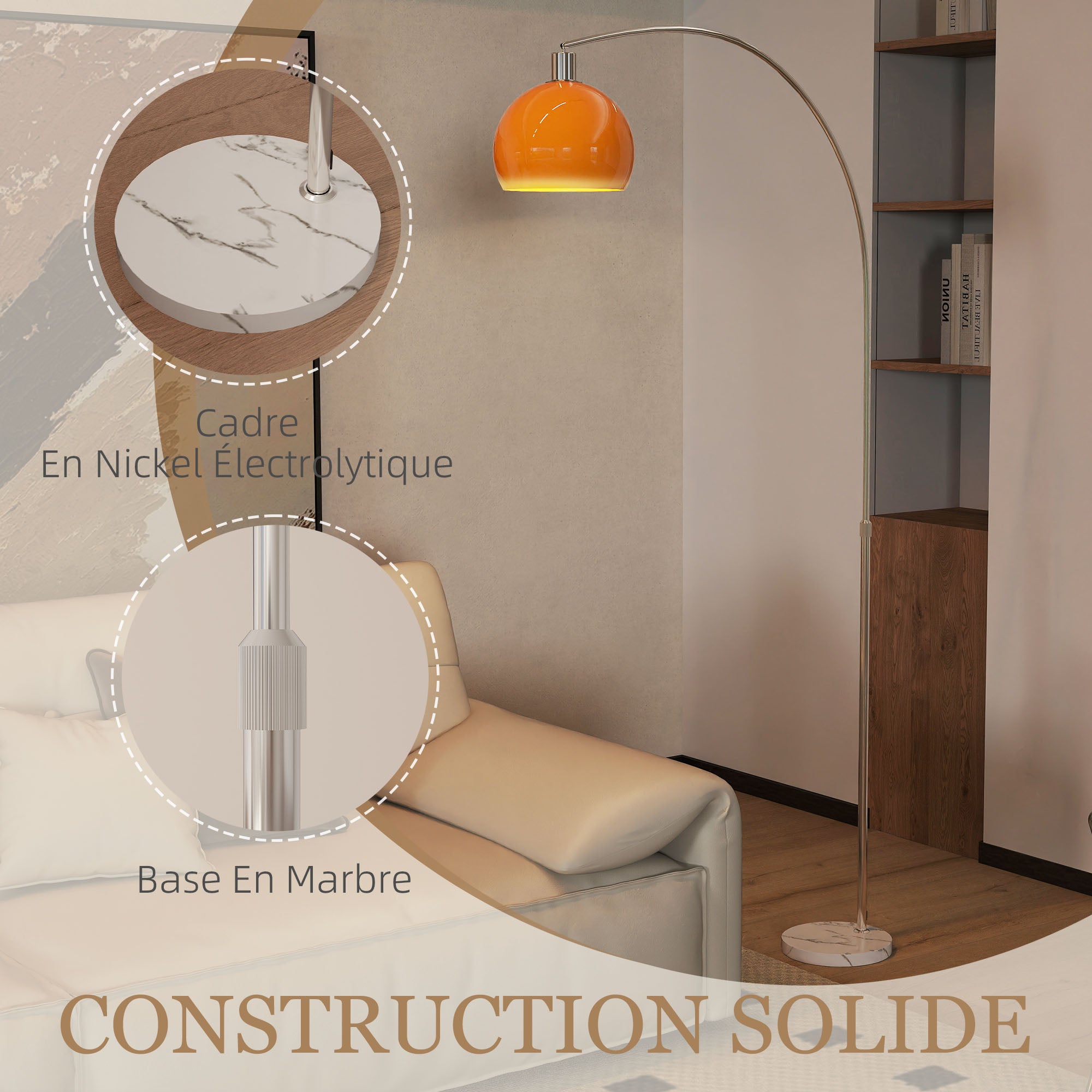 Lampadaire sur pied salon - HOMCOM - abat-jour minimaliste à haut mât et interrupteur à pied - métal - 26 x 90 x 180 cm - orange - 7