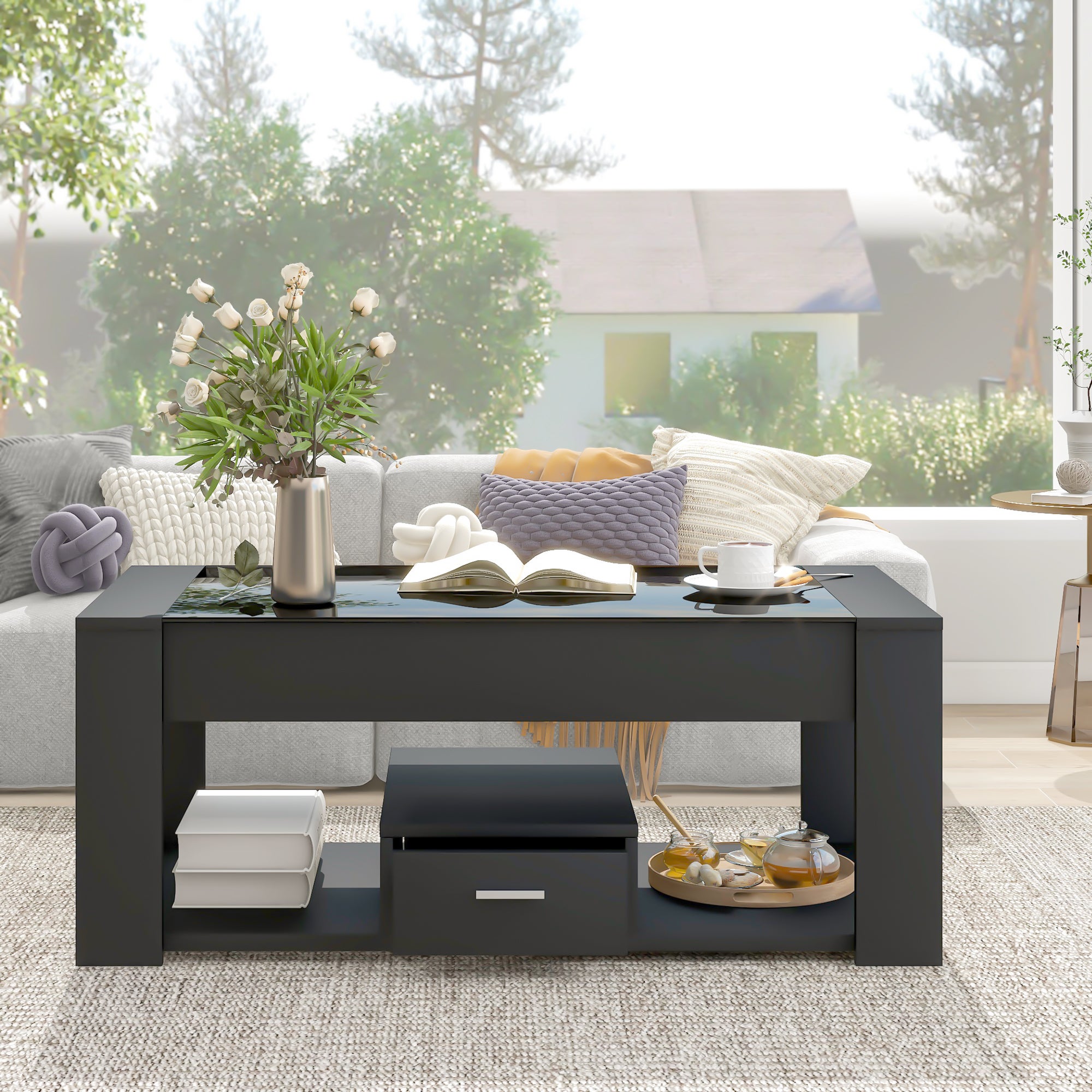 Grande table, plateau en verre, pied, métal, noir - Ameublement