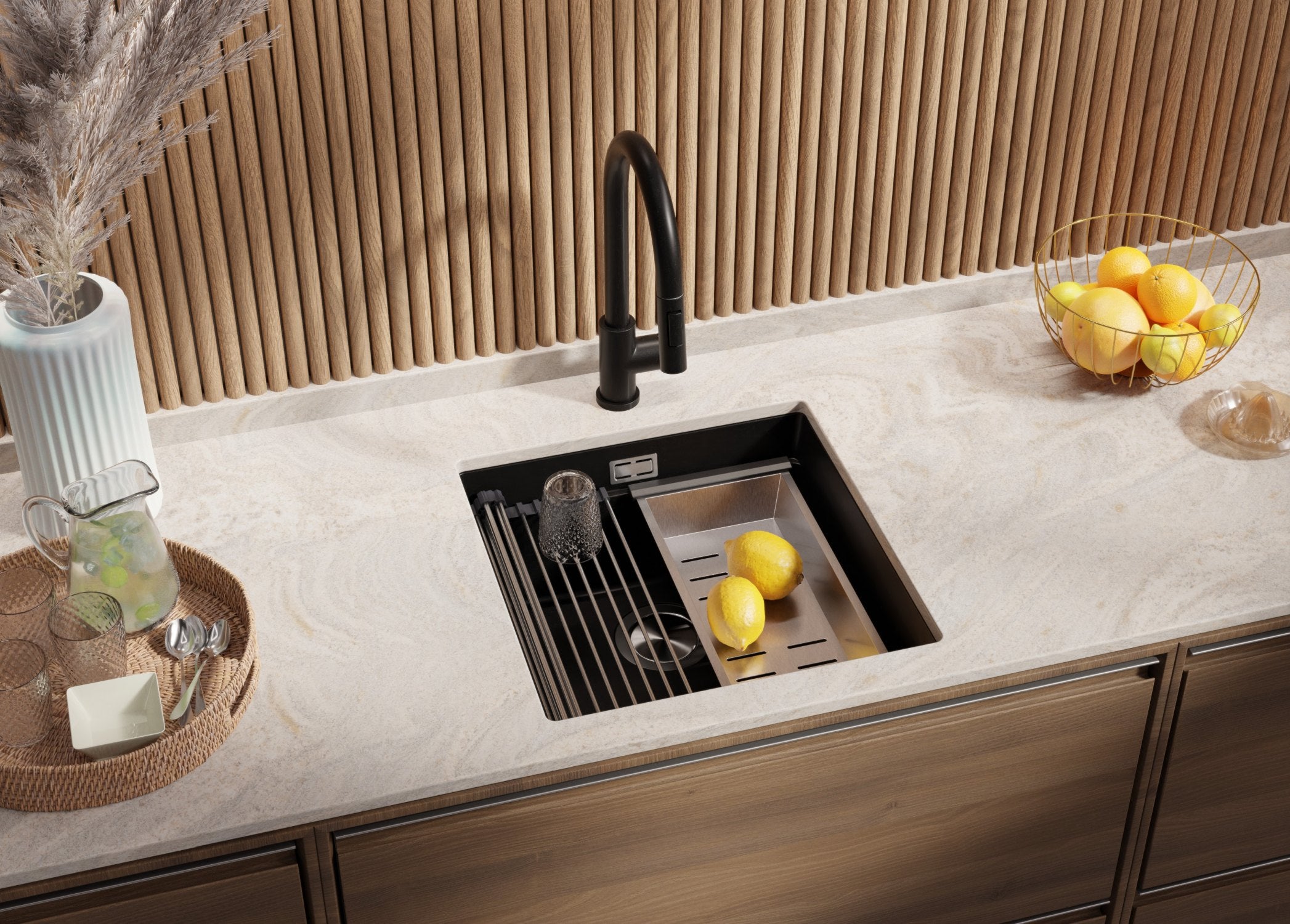 Lavandino sottotop Nero 46x47cm, Lavello in Granito a 1 vasca + Sifone Classico + Accessori, Lavabo da Cucina al mobile 50cm - Prague PRIMAGRAN - 2