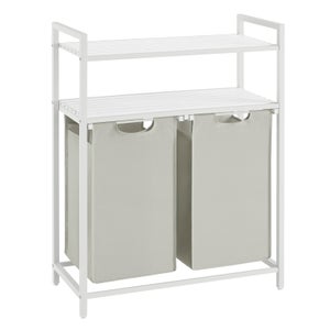Panier à Linge, Rangement 2 Compartiments, 2 Sacs Amovibles en Tissu Oxford, 2 Étagères, 46L pour Chaque Sac, Blanc