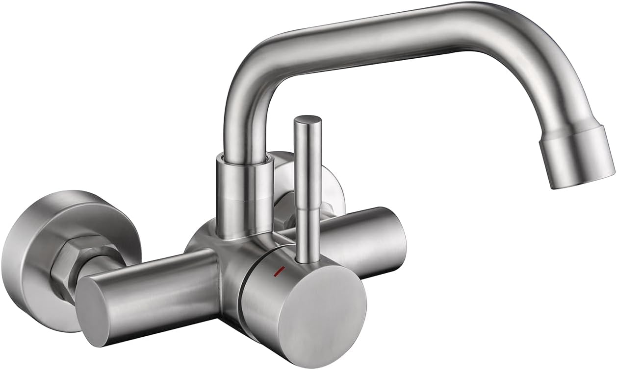 Ścienna bateria kuchenna, obrotowa bateria ścienna 360°, armatura ze stali nierdzewnej 304, wyjmowany perlator, szczotkowana