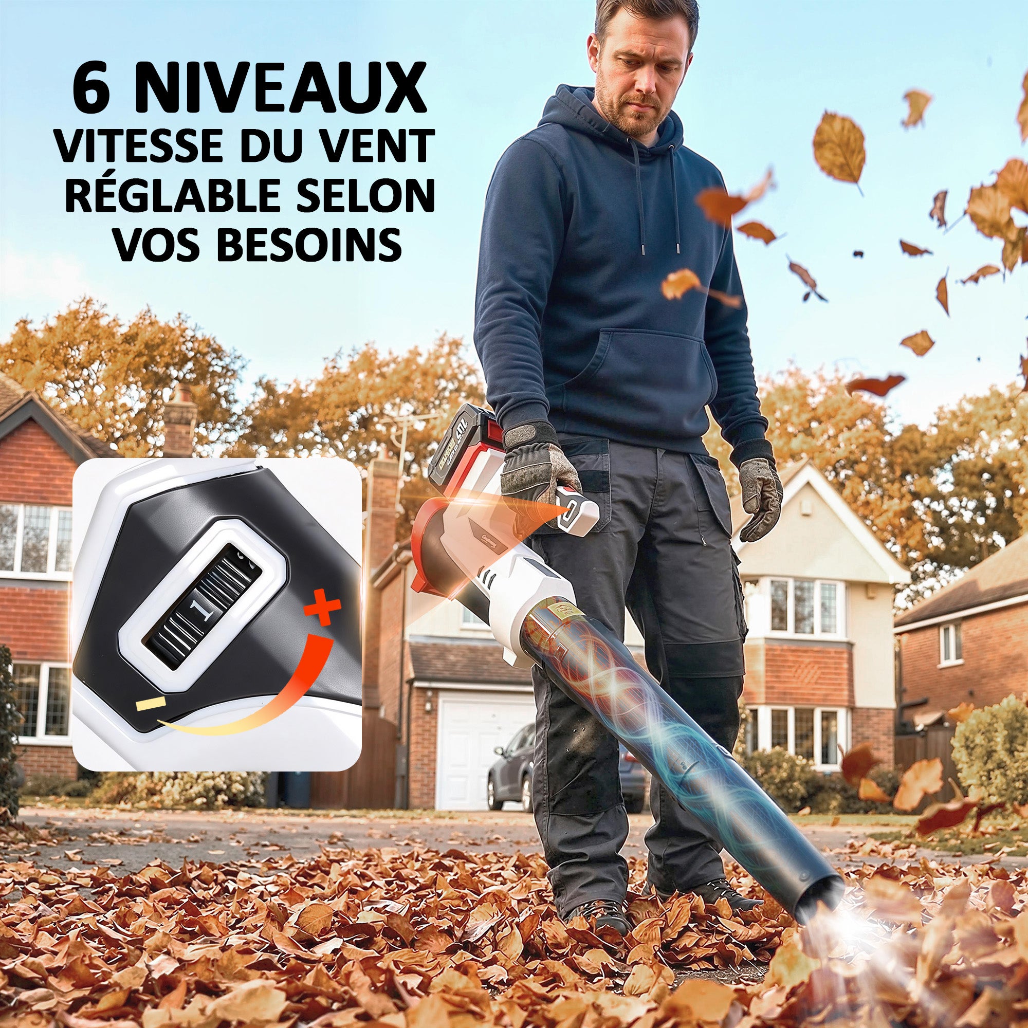 Souffleur Aspirateur Broyeur à Feuilles 250 W avec Batterie 4000mAh et Chargeur. 6 Vitesses. 149 km/h. Blanc pour la maison - 8