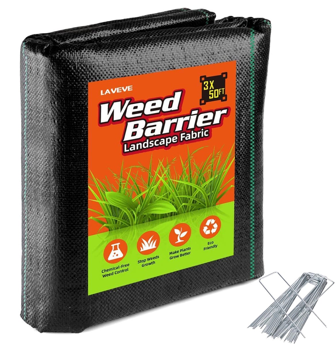 Tkanina chroniąca przed chwastami 3 x 50 stóp, wytrzymała mata do zwalczania chwastów, tkanina ściółkująca z 15 palikami