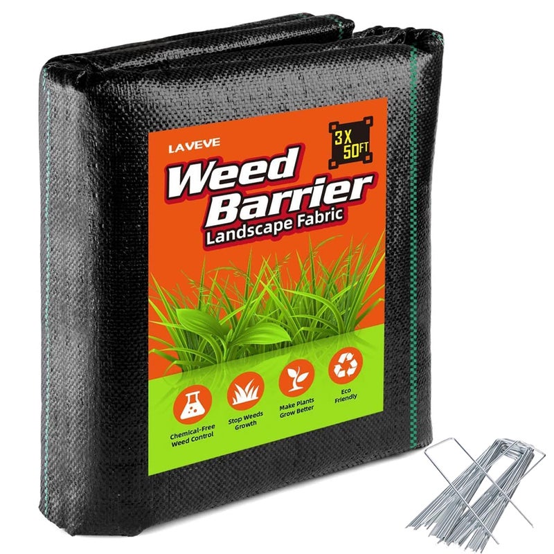 Tkanina chroniąca przed chwastami 3 x 50 stóp, wytrzymała mata do zwalczania chwastów, tkanina ściółkująca z 15 palikami