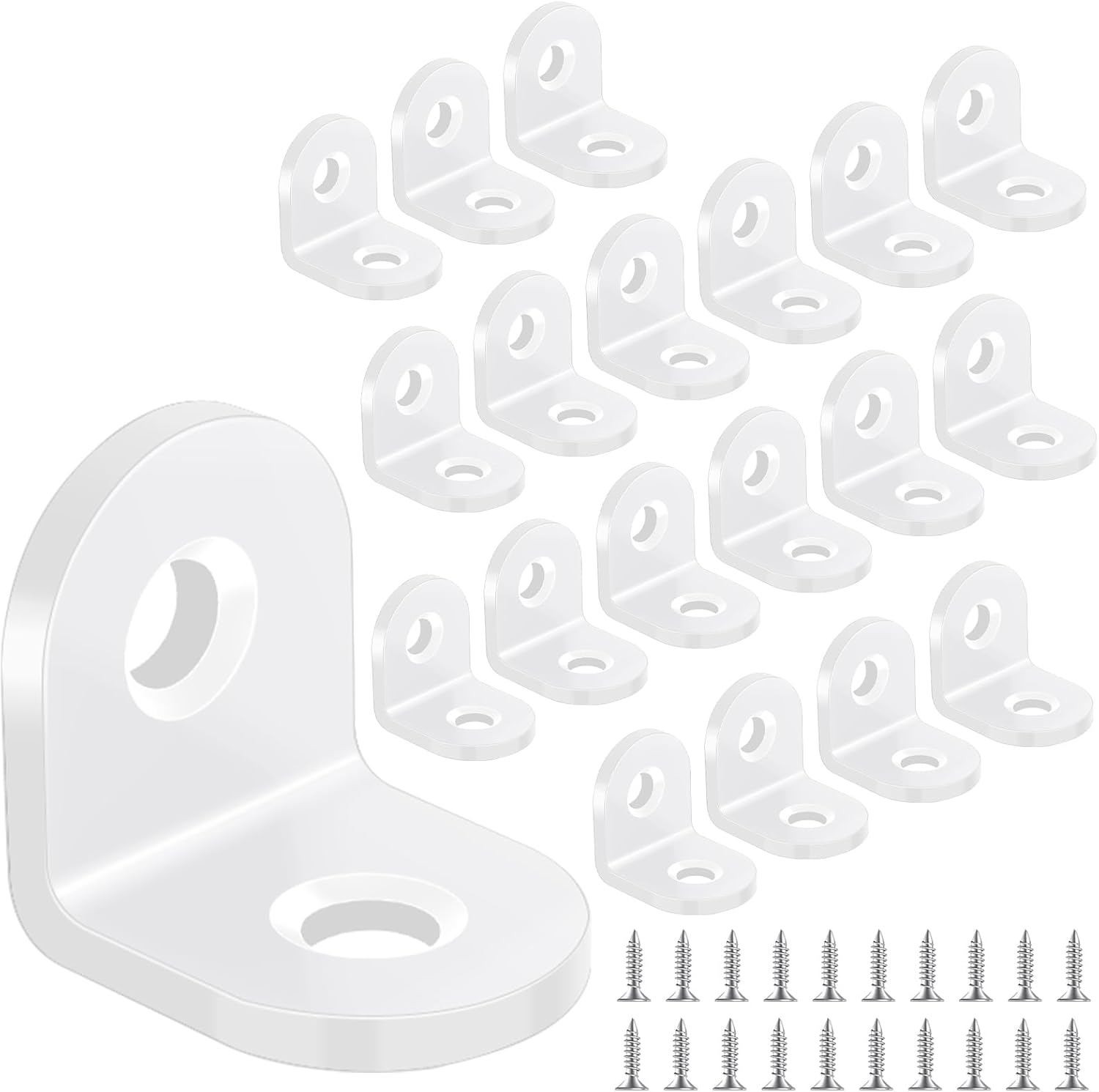 Zestaw 20 białych wsporników 20x20mm, ze stali węglowej – Mocowanie do mebli drewnianych, ze śrubami