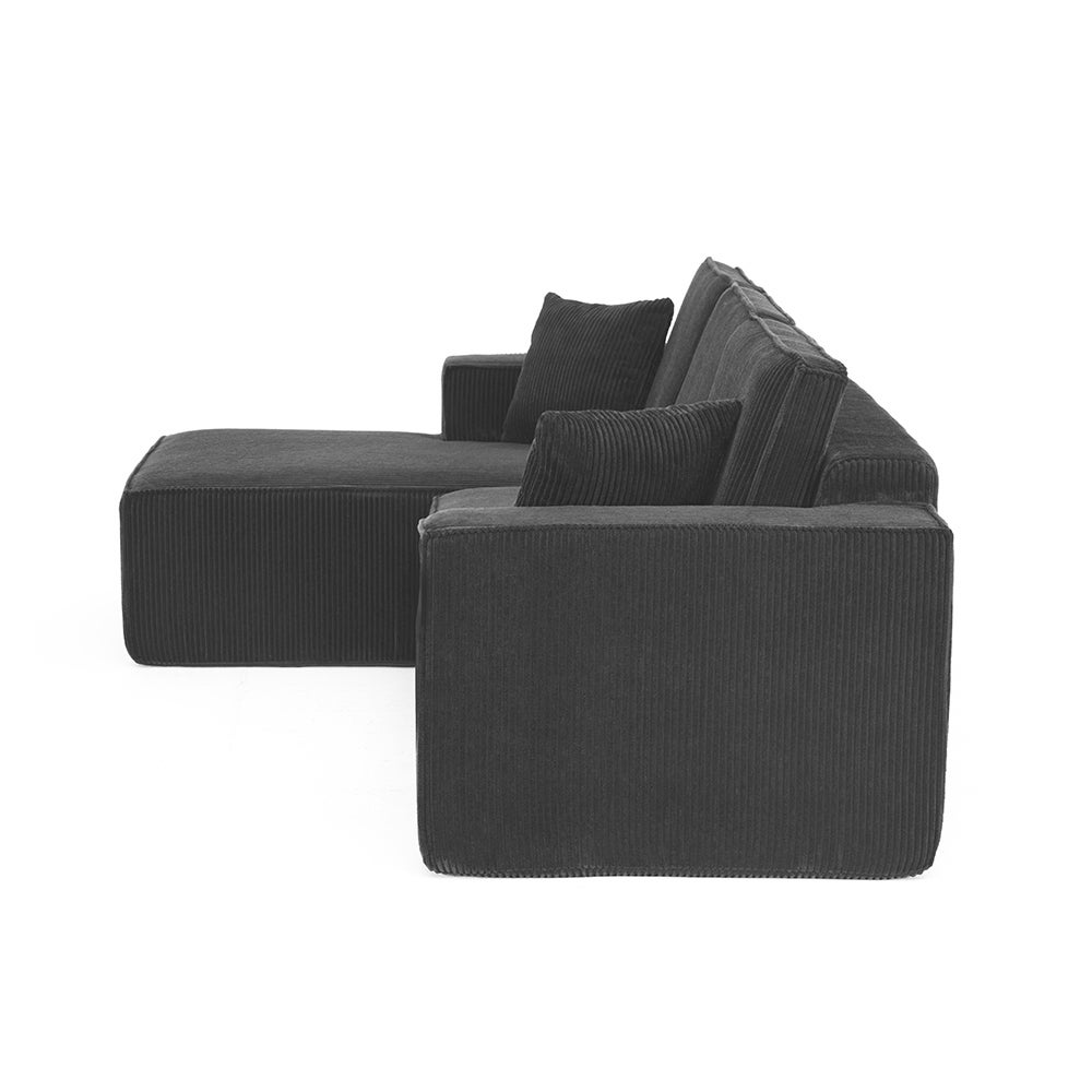 Canapé d'angle en L en velours côtelé compressé,2 places + coin chaise longue,noir,modulaire avec rembourrage en mousse haute densité - 5