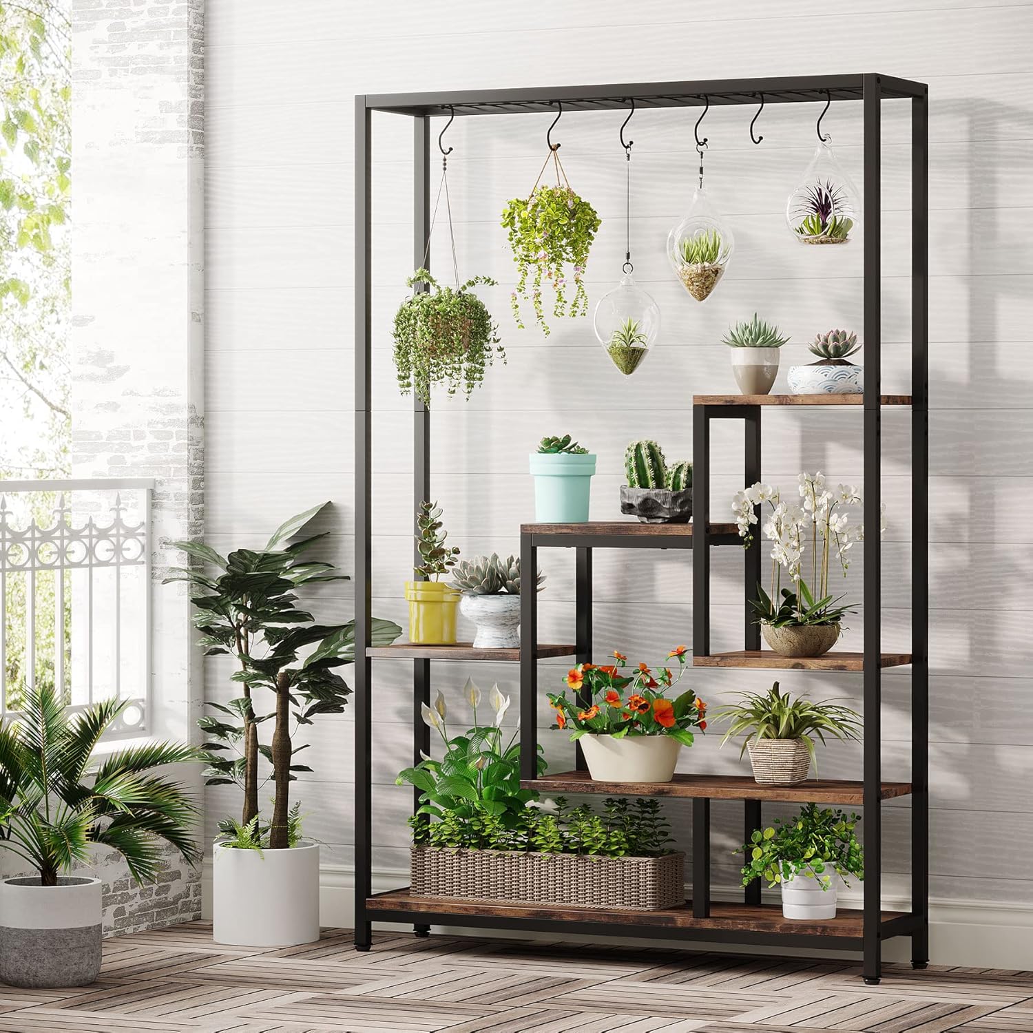 Tribesigns Support pour plantes d'intérieur à 5 niveaux - Grande étagère en métal de 180,1 cm avec 10 crochets de suspension en S - Multifonction - 4