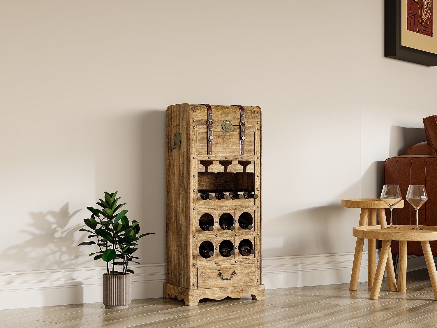 Komoda na wino ze skrzynią z drewna sosnowego i MDF - szer. 43 x wys. 100 cm - Naturalny - CAVINA