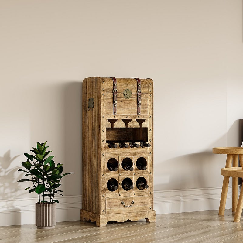 Komoda na wino ze skrzynią z drewna sosnowego i MDF - szer. 43 x wys. 100 cm - Naturalny - CAVINA