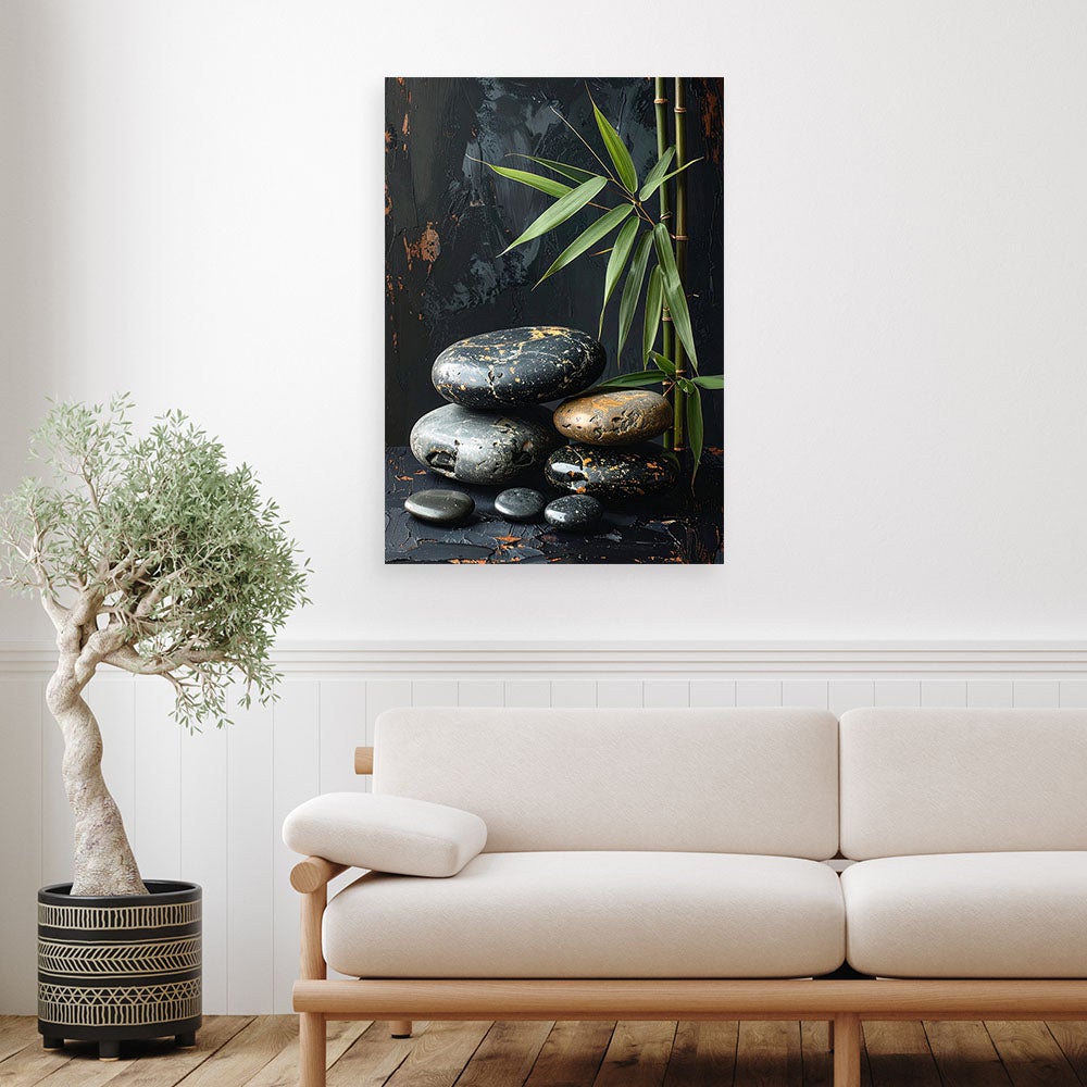 Obraz do salonu sypialni, Czarne kamienie zen spa liście na czarnym tle 60x90 - 2