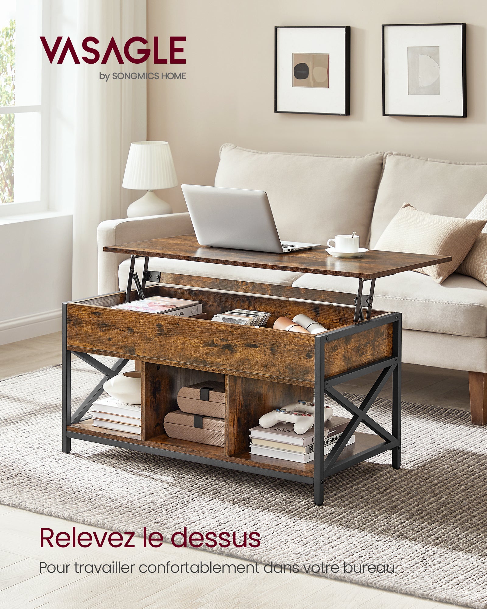 Table Basse, Relevable, Table Basse avec Rangement Caché et Compartiments Ouverts, Cadre en Acier, 50 x 100 x (46,5-62) cm, Marron Rustique et Noir - 2