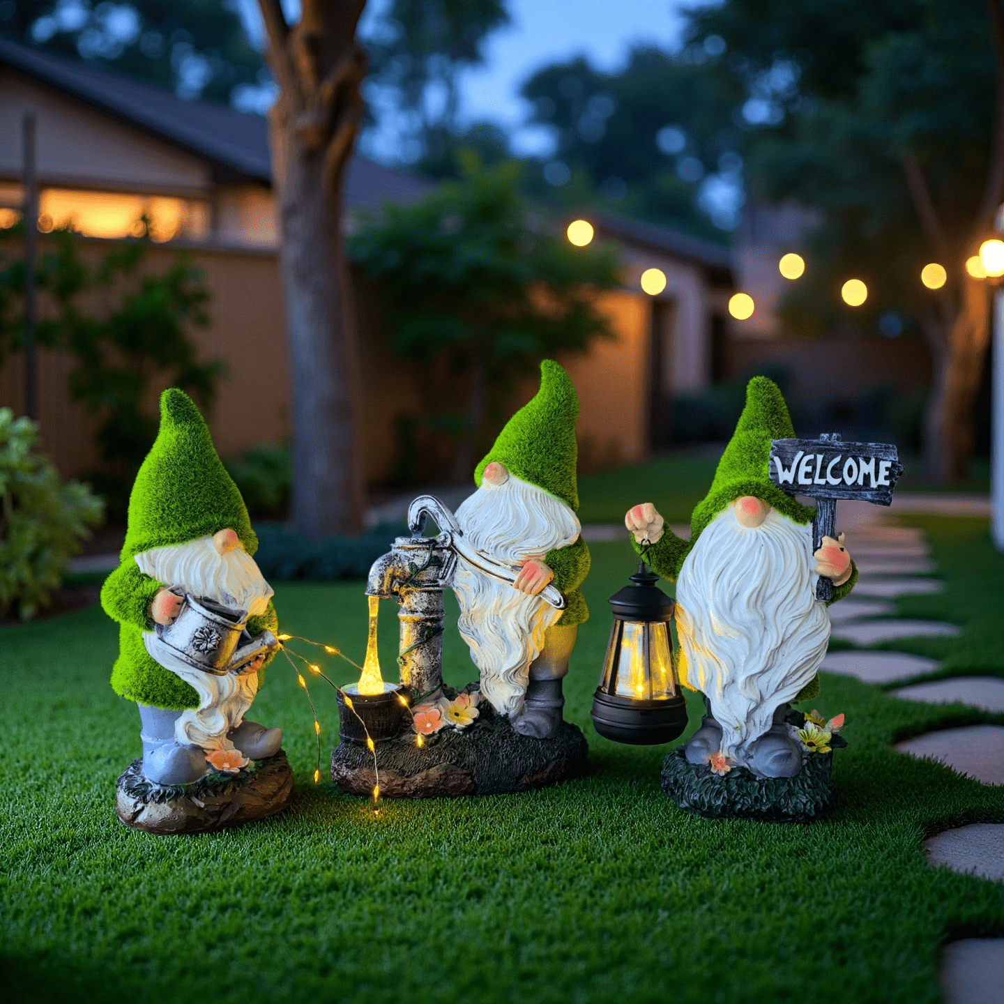 Statue lumineuse solaire d'extérieur pour jardin en forme de gnome - Résistante aux UV, résine - Vert - 4