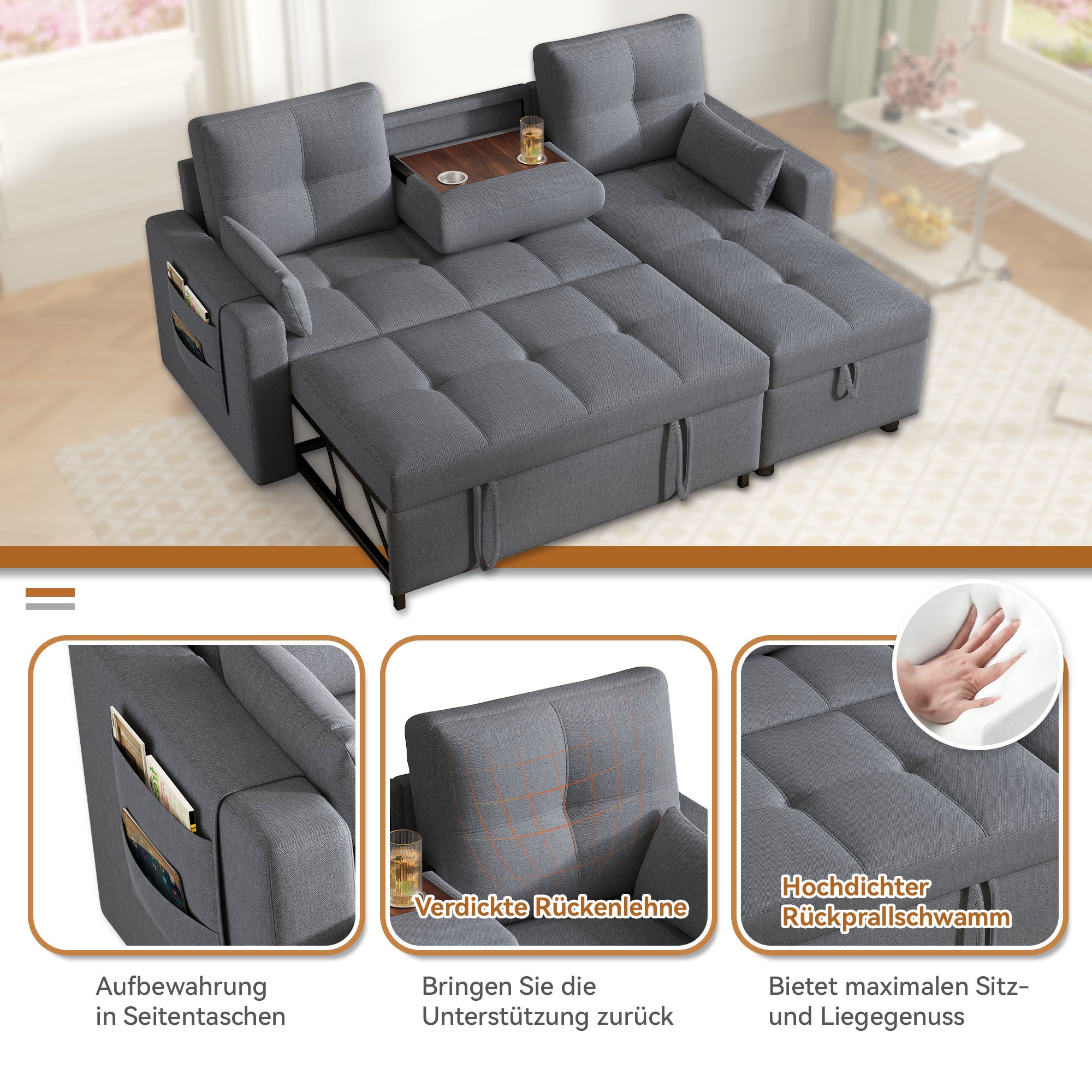 Canapé d'angle convertible 4 places en lin - 205 x 139 x 87 cm - espace de rangement et porte-gobelet - avec fonction sommeil - Gris - 3