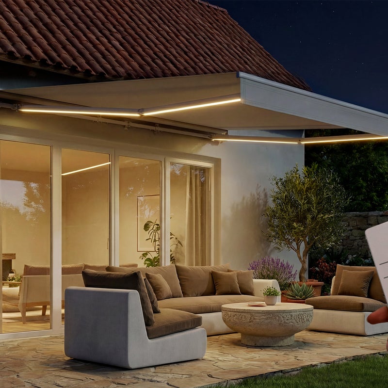 Markiza LED FAZZIO 4x3m biała, półkasetowa, z napędem silnikowym, z beżową tkaniną