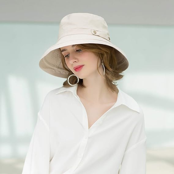 Chapeau de soleil en coton à large bord pour femme, protection UV UPF 50, pliable, kaki 25*20 cm - 4