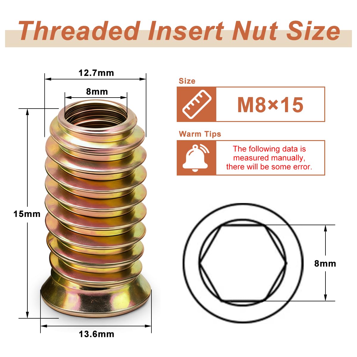‌M8 Insert Fileté Bois‌, écrous à Visser ‌M8 X 15mm ‌Manchons à Visser‌ Galvanisés écrou Hexagonal Fileté‌ pour Meubles en Bois, 20 Pièces - 2