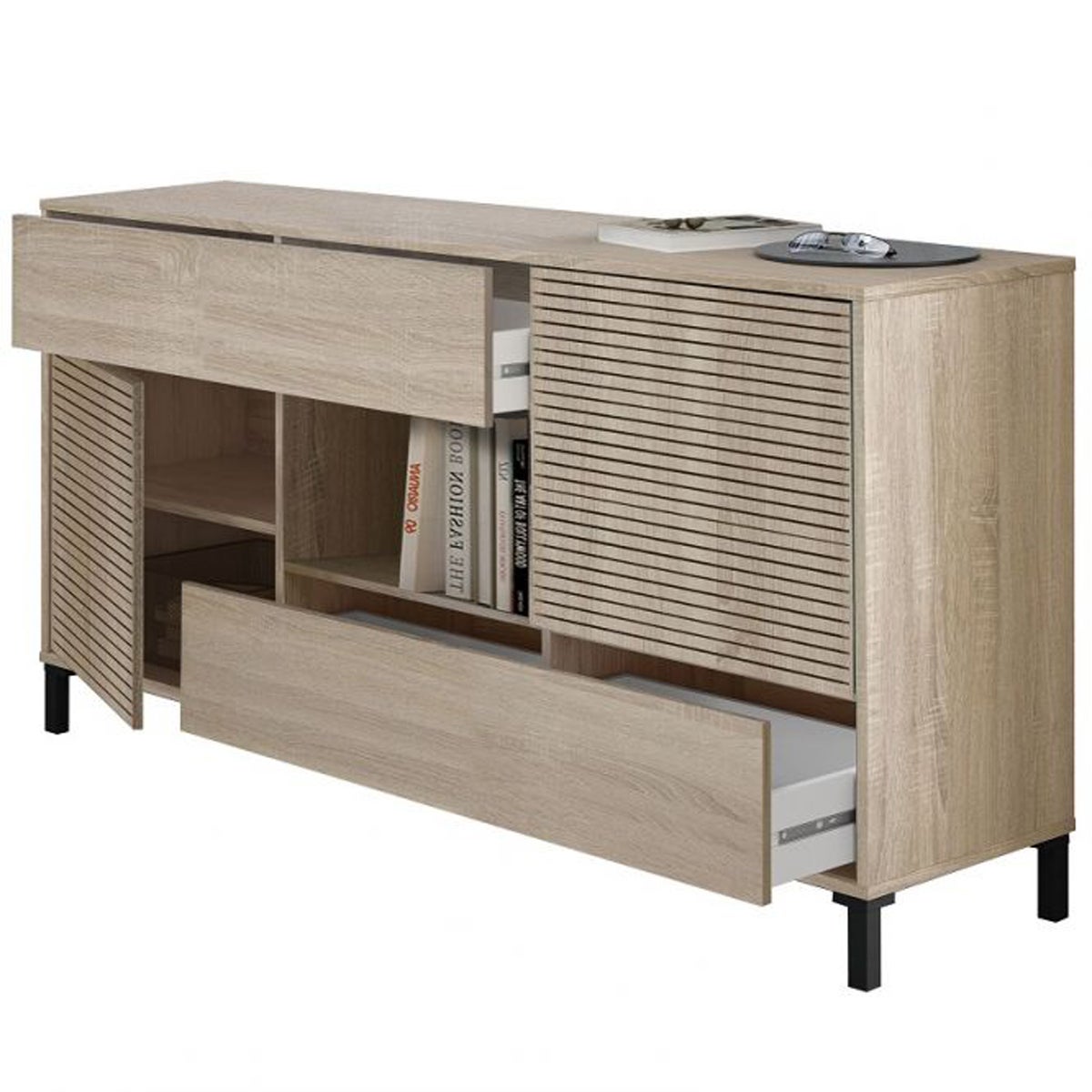 Buffet avec 2 portes et 2 tiroirs coloris chêne canadien / impression digitale - Hauteur 80 x Longueur 151 x Profondeur 41 cm - 3