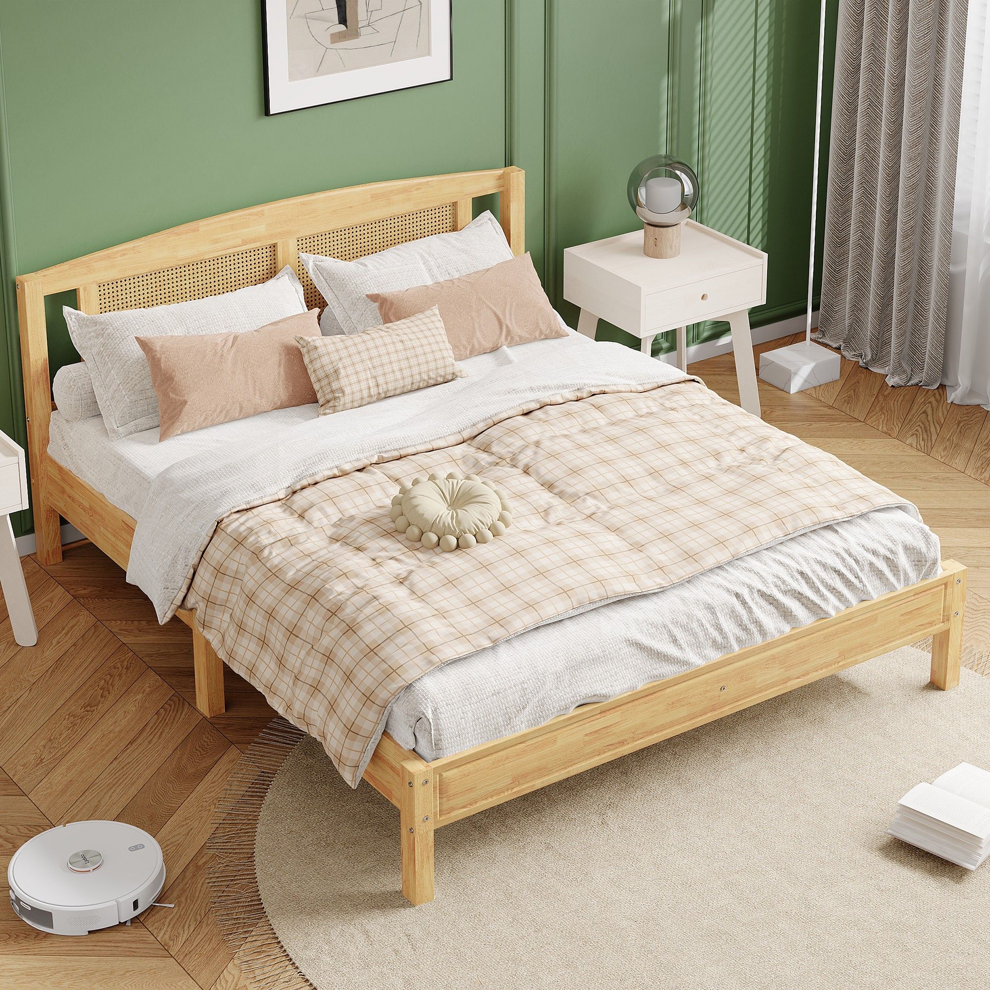 Lit double pour adultes 160 x 200 cm, structure en rotin, avec 15 lattes et un pied central, couleur bois naturel - 2