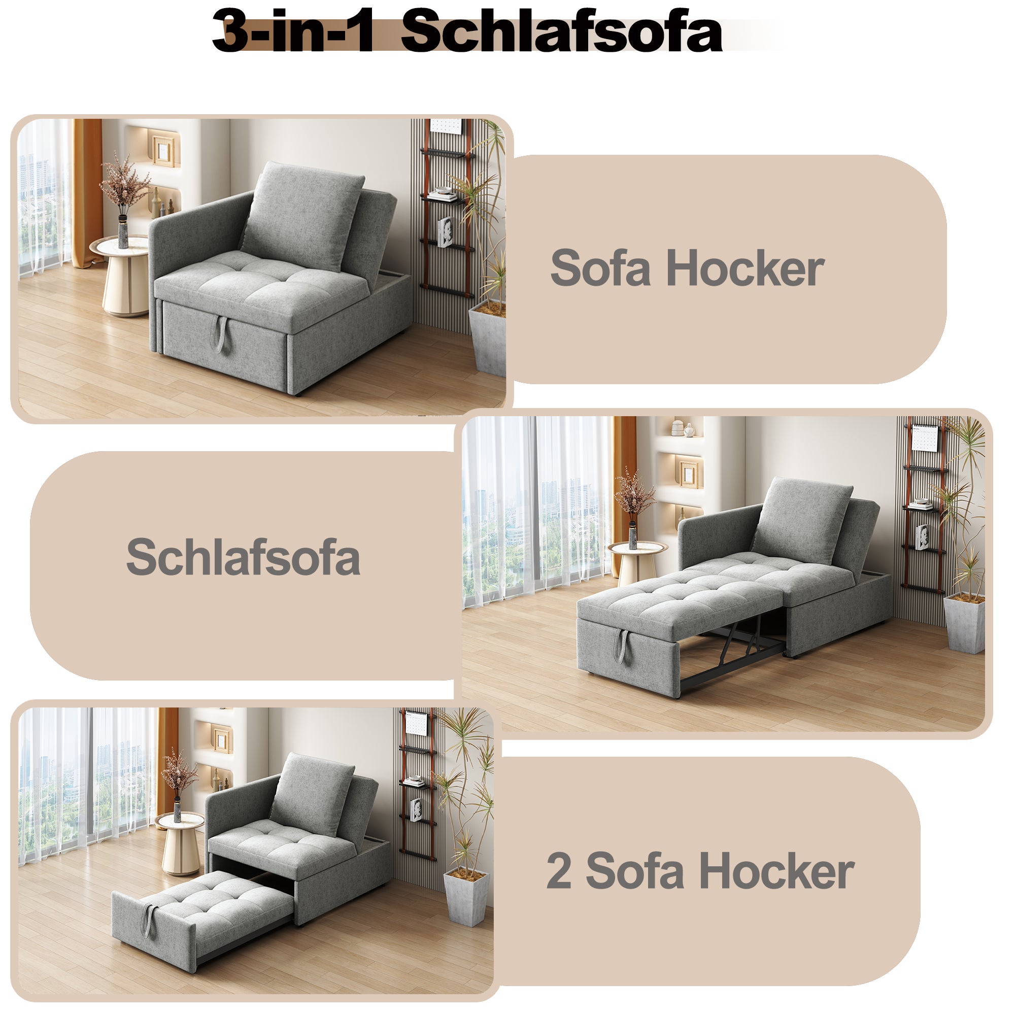 Rozkładana sofa 1-osobowa, 3 w 1, tapicerowana sofa z funkcją spania – 97/177 x 65 x 65 cm – tkanina lniana – regulowane oparcie – szara - 8