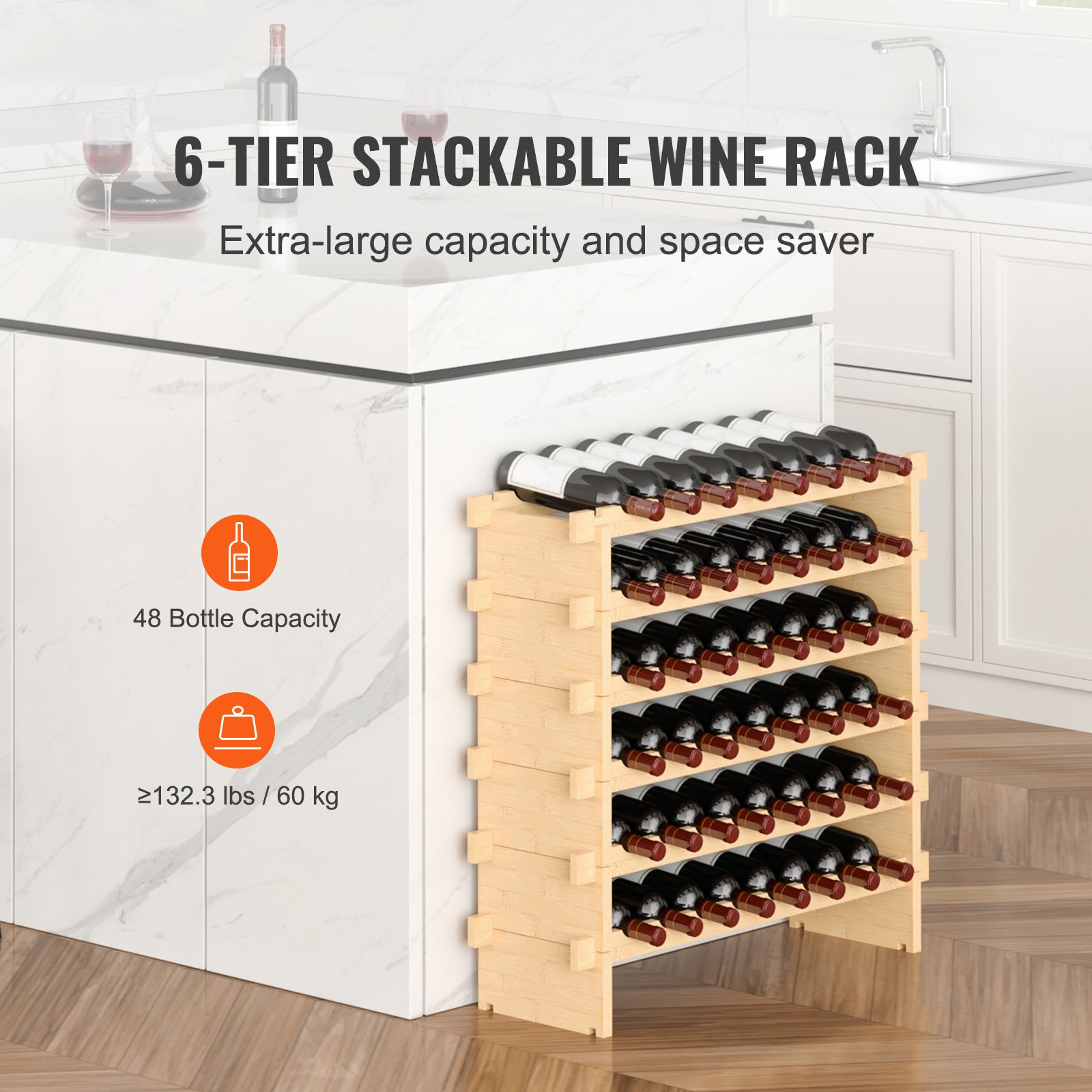 Botellero Modular Apilable SucceBuy, de Bambú, 6 Niveles para 48 Botellas, Estante de Presentación Elegante y Estable - 4