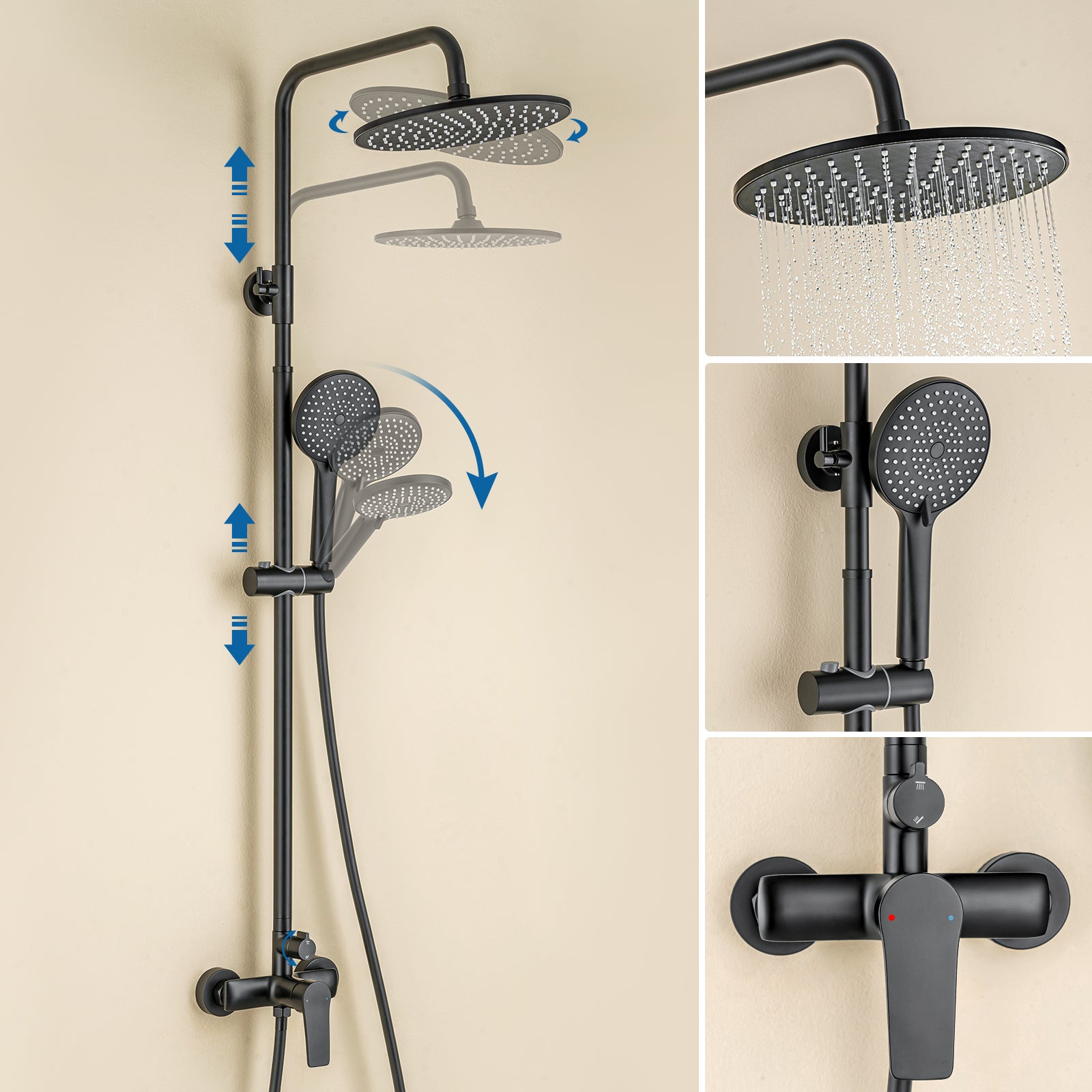Sistema ducha con grifo mezclador latón,columna ducha altura ajustable,cabezal de ducha redondo de 25 cm y ducha mano 3 chorros,inoxidable,negro. - 3