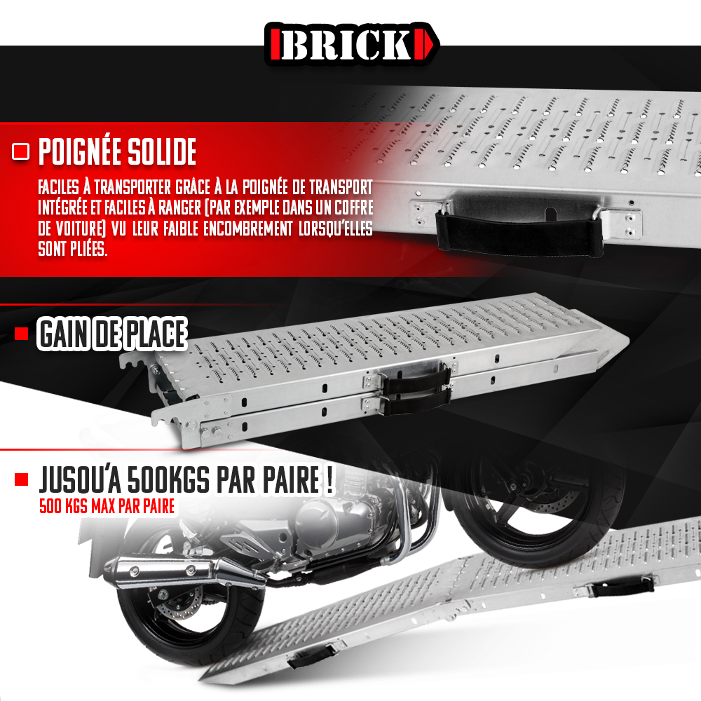 Lot de 2 rampes pliables en acier galvanisé 160cm - Charge max 500 kg/paire - Brick - 3