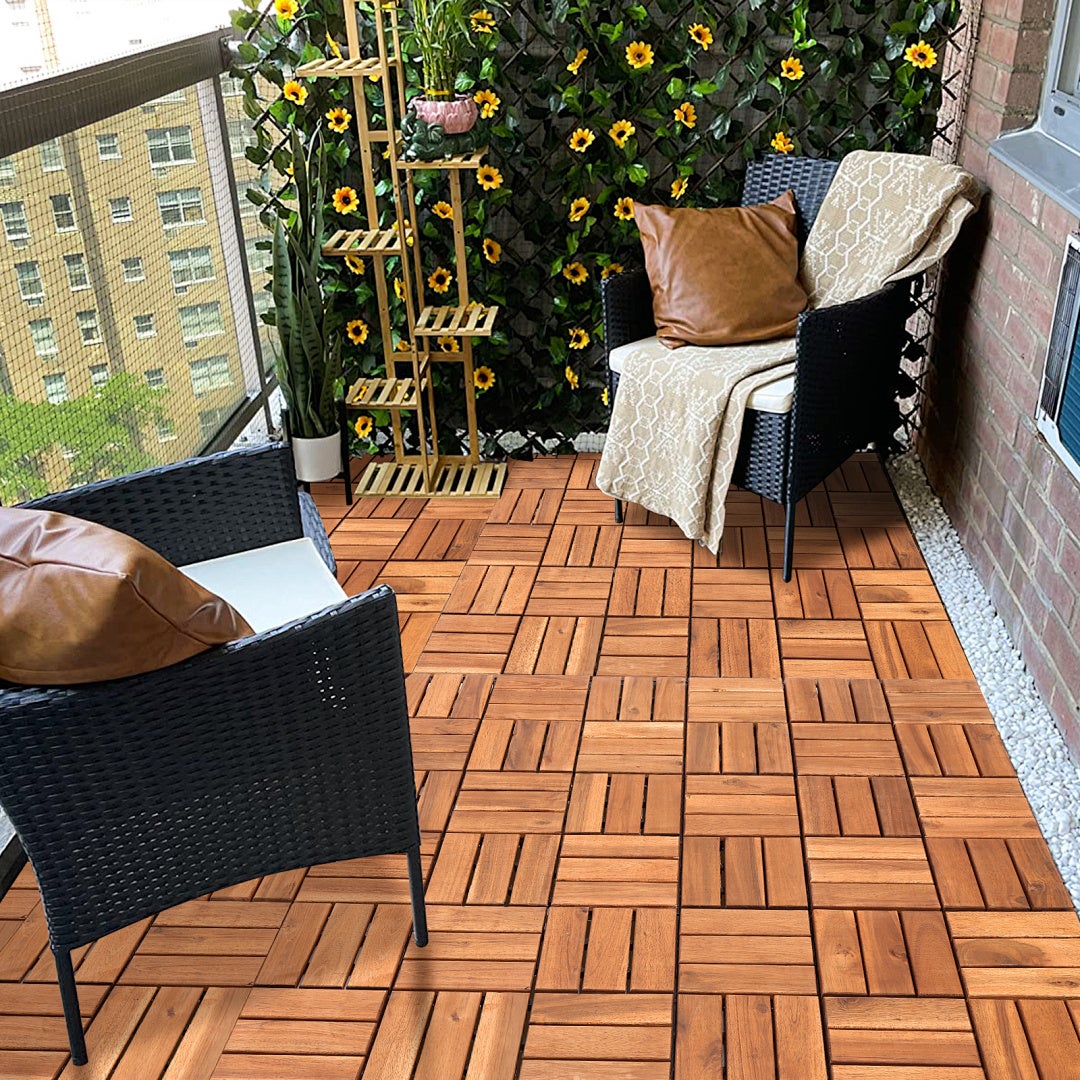 Dalles de terrasse 5 m² 55 pièces, 30 x 30 cm, dalles en bois 12 lattes, Dalles clipsables en bois d'acacia - 8