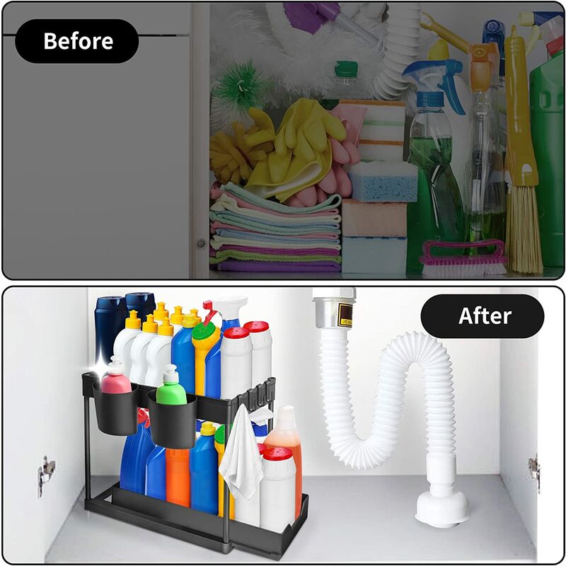 Rangement Sous Evier 2 Niveaux, Coulissant Organisateur Sous Évier Etagere Tiroir, Multi-Usage Étagère pour Cuisine Salle de Bain, Noir. - 5