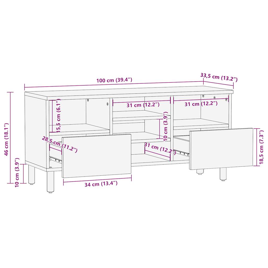 Móvel de TV madeira de mangueira maciça preta áspera 100x33,5x46 cm - COMFORTXL - 9