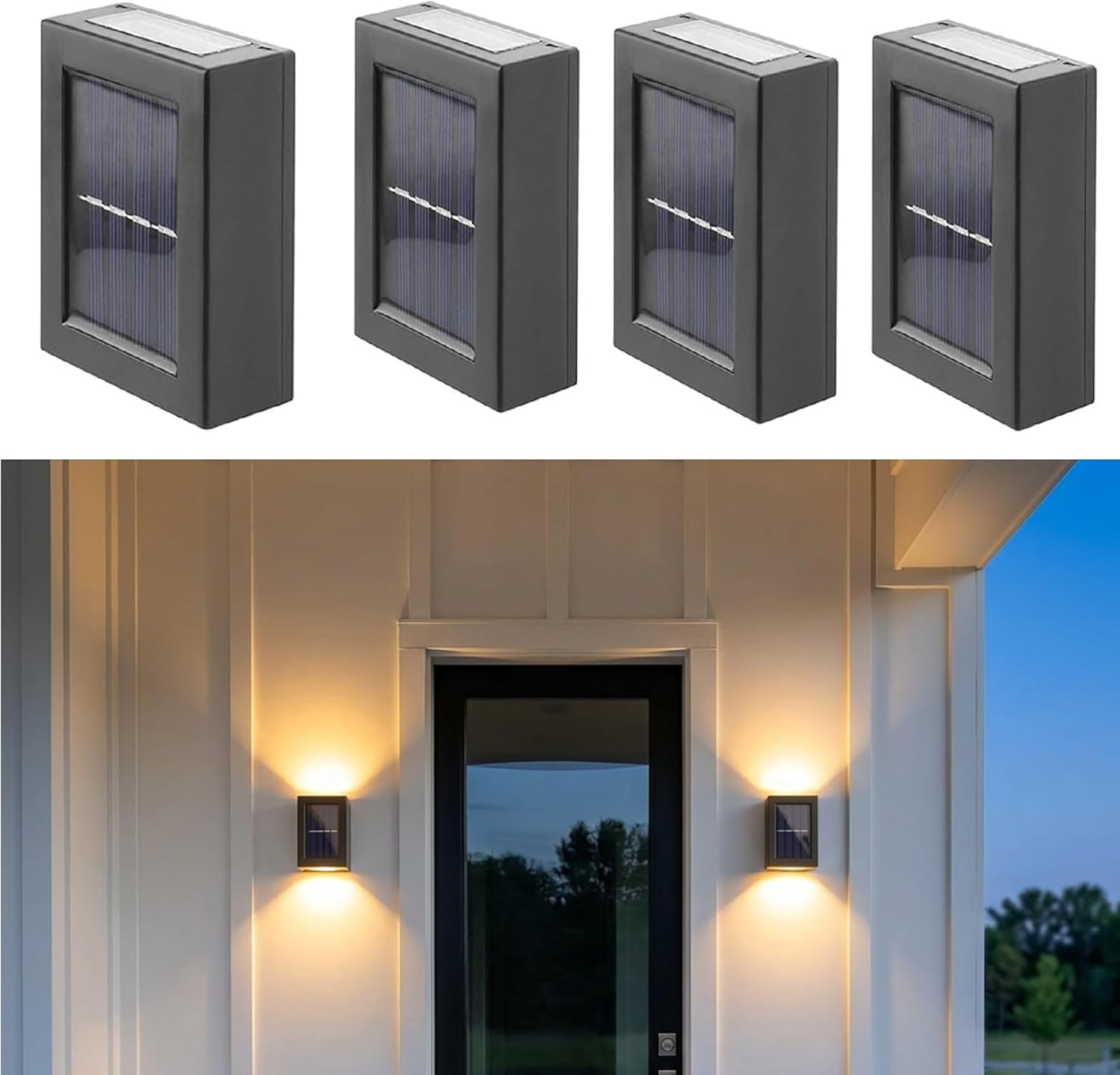 Zestaw 4 lamp solarnych ściennych, oświetlenie zewnętrzne z czujnikiem słońca, wodoszczelne IP65, LED, nowoczesny styl, na taras, patio