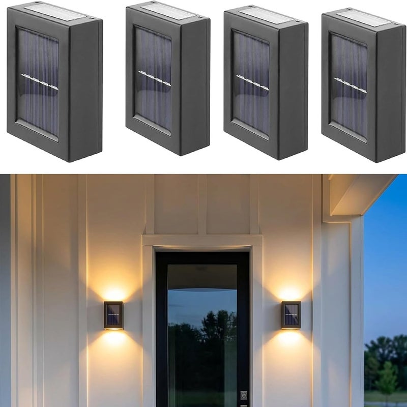 Zestaw 4 lamp solarnych ściennych, oświetlenie zewnętrzne z czujnikiem słońca, wodoszczelne IP65, LED, nowoczesny styl, na taras, patio