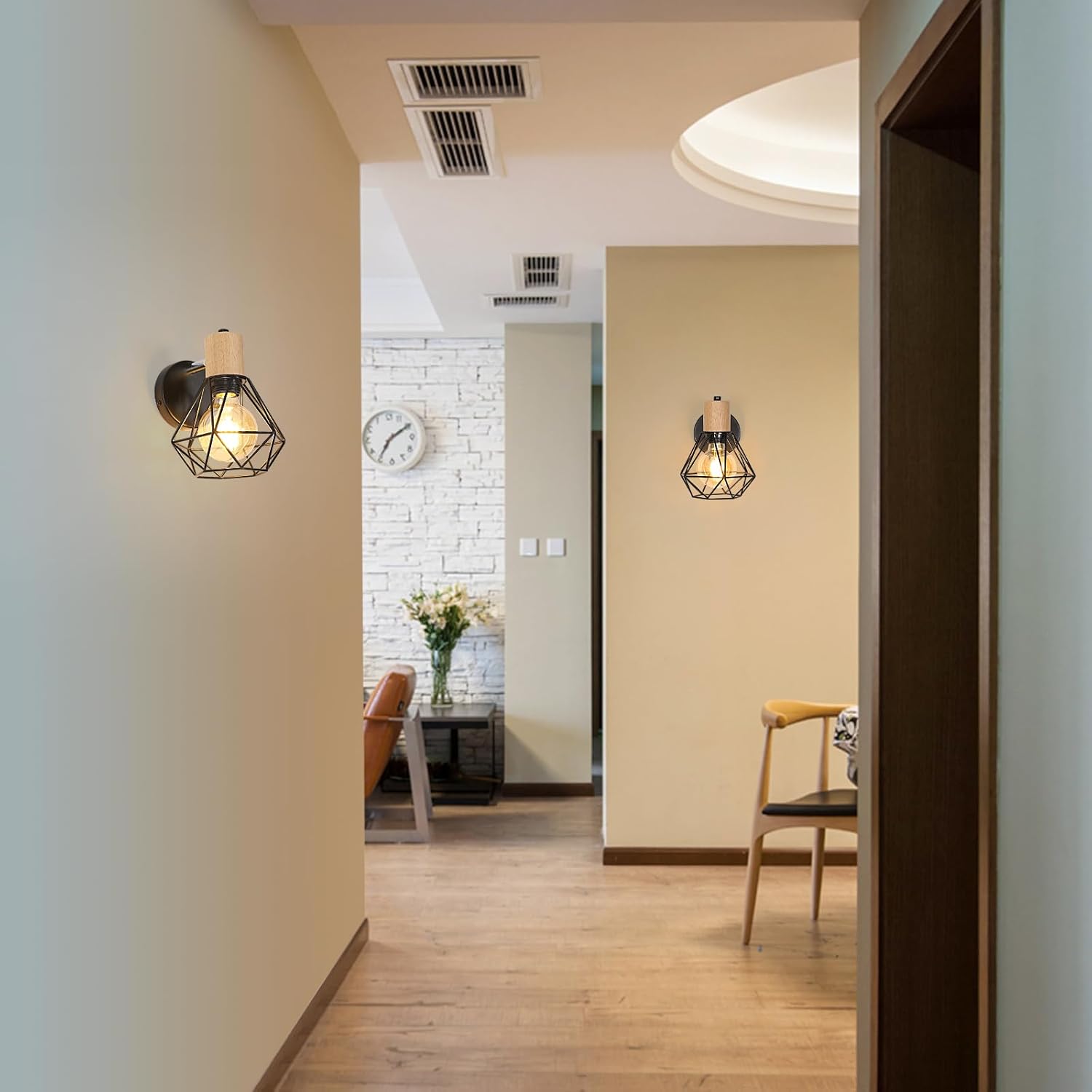 Kinkiet w stylu vintage industrialnym, obrotowa lampa ścienna z drewna, lampa klatkowa z czarnego żelaza do sypialni, przedpokoju, salonu. - 4