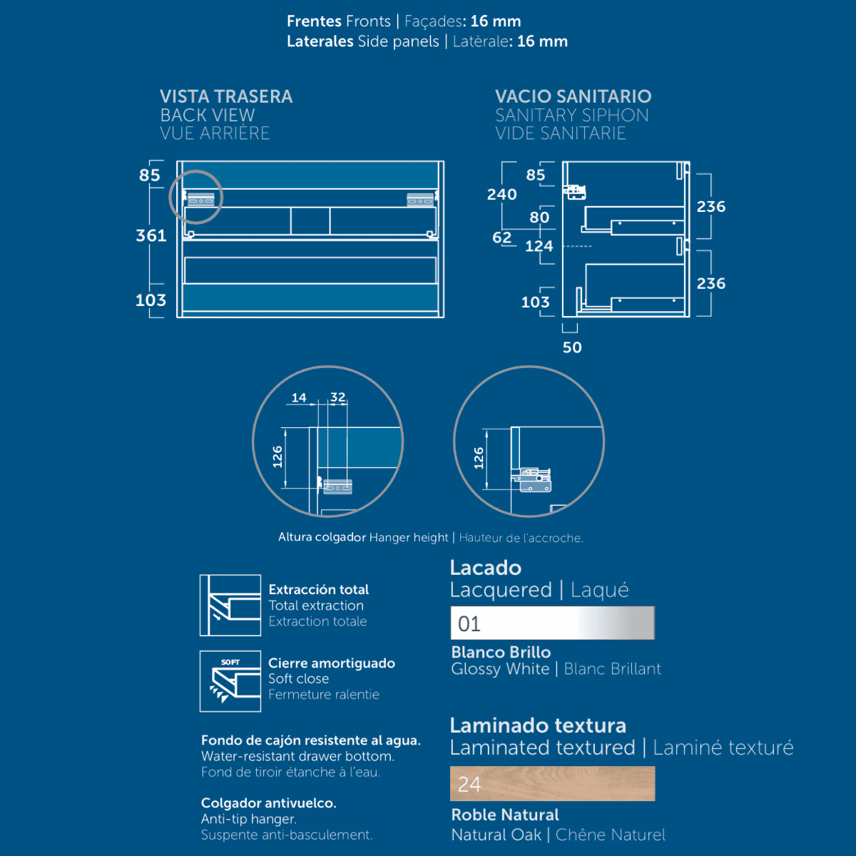 Armário de Banheiro Suspenso com Pia de Cerâmica| 2 Gavetas | 60 cm Branco brilhante - 8