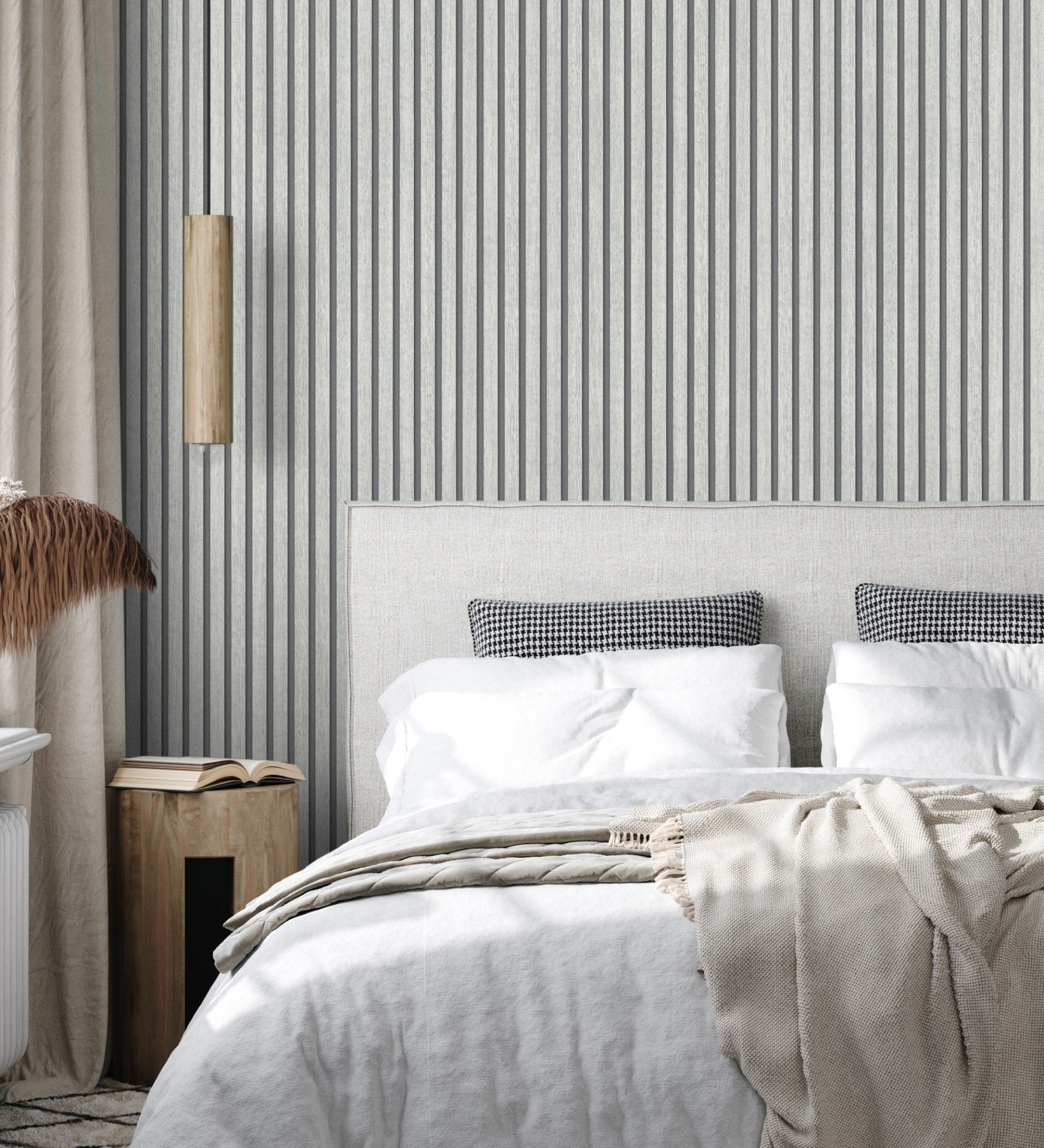 Papel pintado de listones de madera teñida de blanco imitando el diseño de palillería - lance wood line 682661 de gaulan - rollo de 10 m x 0,53 m