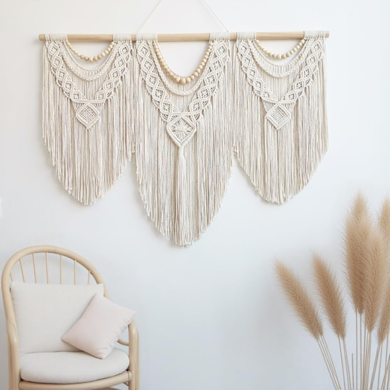 Tenture murale macramé bohème, Fait main en coton ivoire, Grand décor pour salon, chambre et mariages, Avec perles en bois beiges - 5