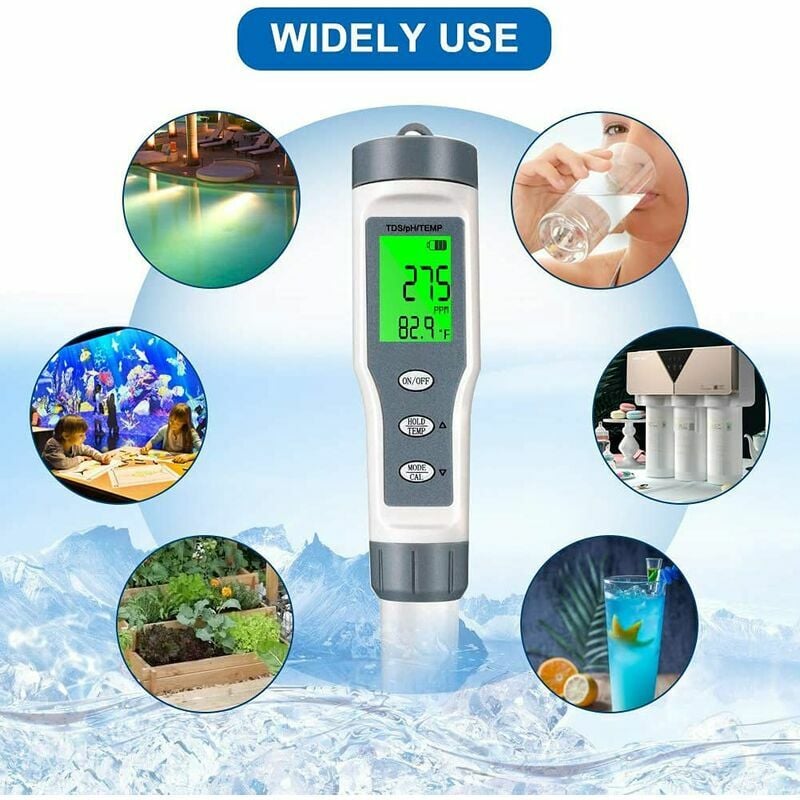 Testeur PH Mètre, Testeur PH Piscine électronique 3-en-1, TDS Mètre Température, Testeur de qualité de l'eau avec écran LCD et Précision de Lecture, - 3