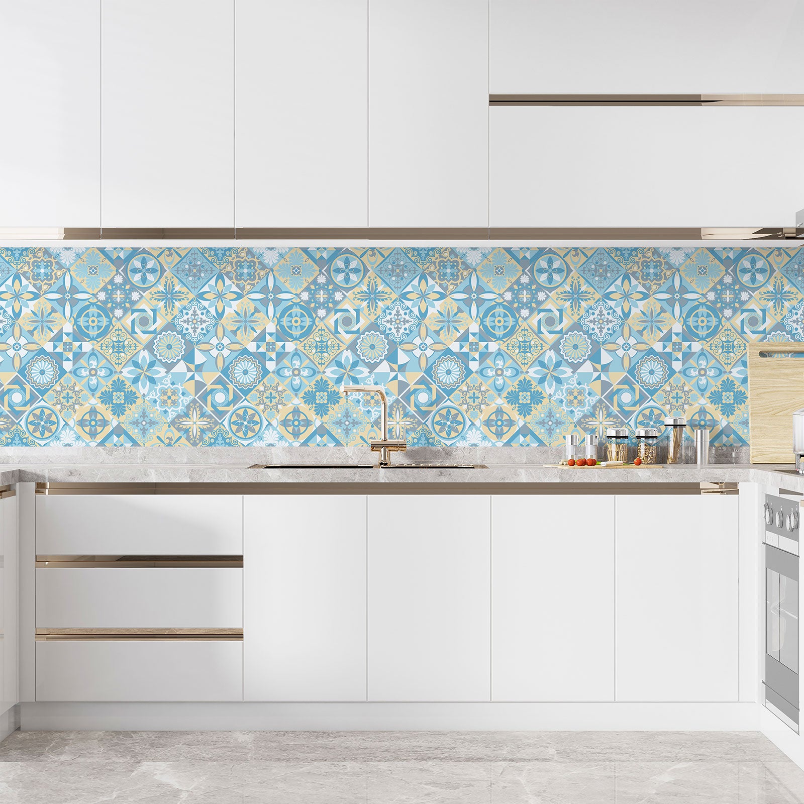 Crédence adhésive sticker décoratif pour cuisine - Effet carreaux de ciment - Adhésif MAT - 60x60 cm - 3