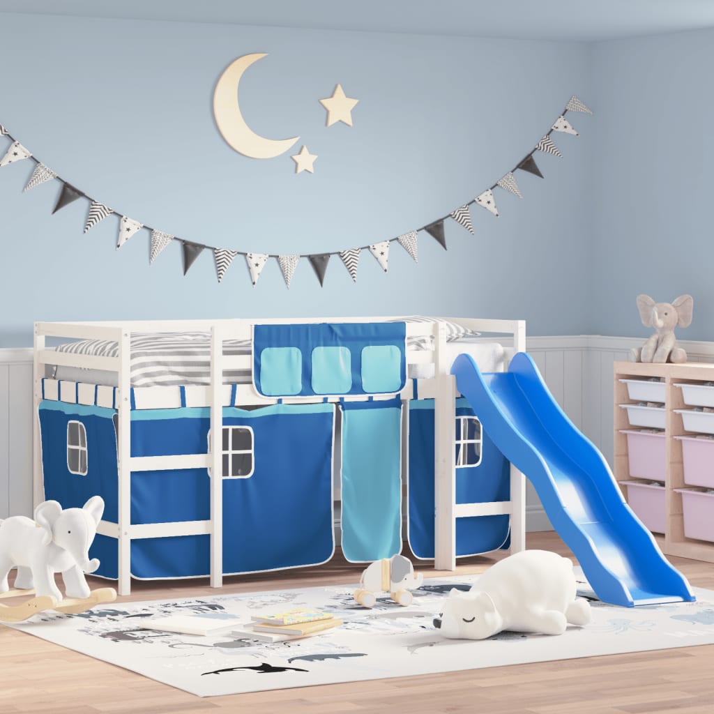 Lit Mezzanine Enfant En Pin Massif 90x200 Cm - Avec Rideaux Bleus - Espace De Rangement Dessous
