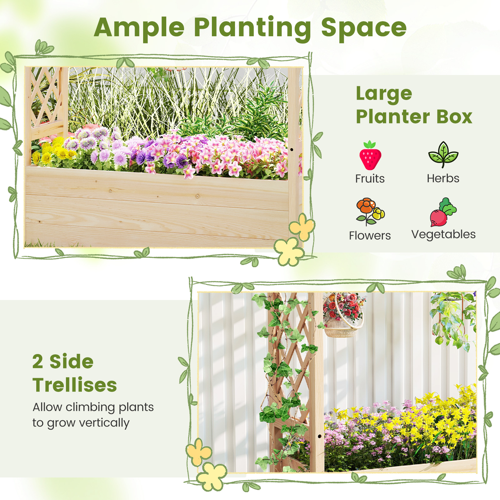 Jardinière Surélevée en Bois Massif avec Treillis, Toit Suspendu, Drainage, pour Plantes Grimpantes, Fleurs, Légumes, 115 x 40 x 103 cm - 6