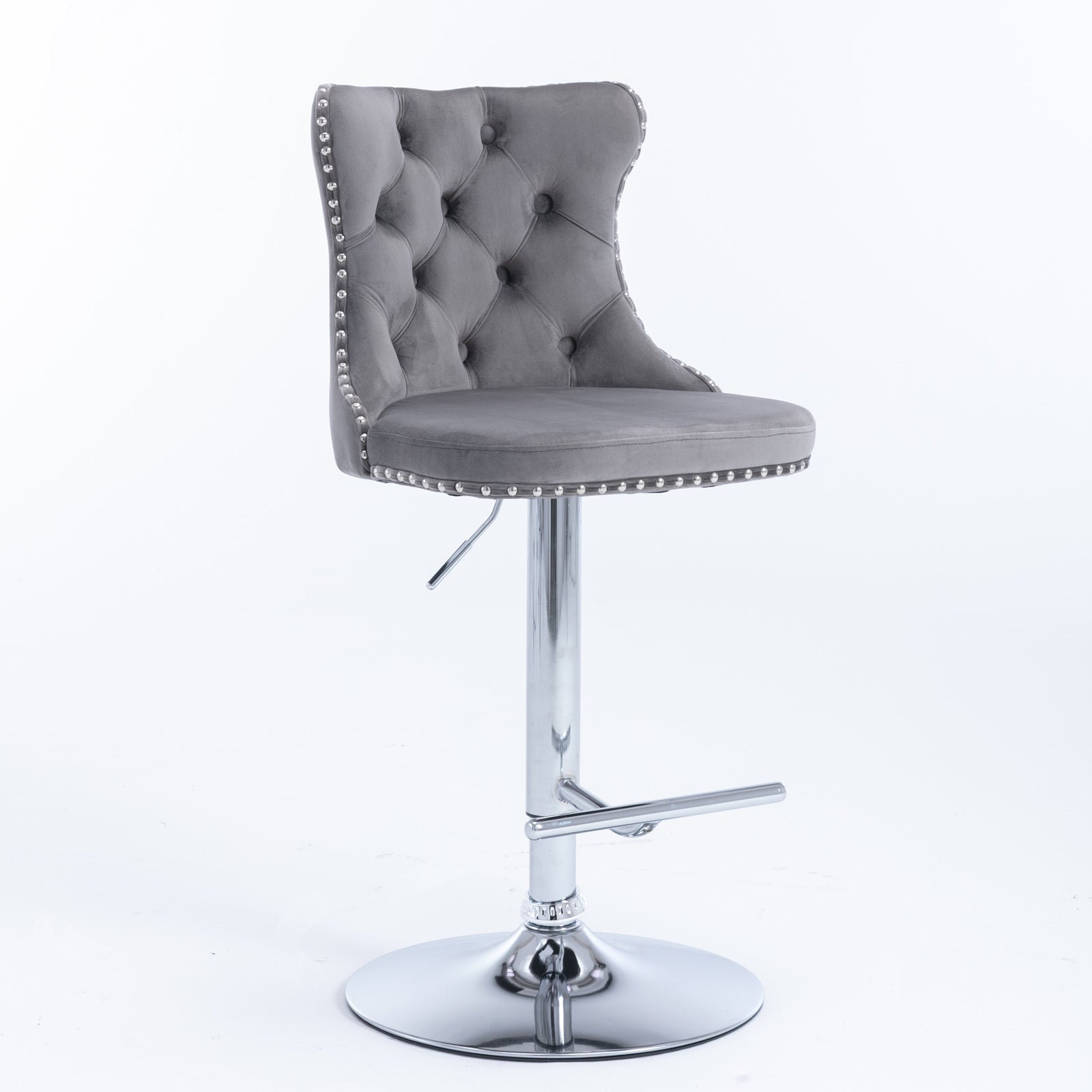 Lot de 2 Chaise de bar Pivotants en Velours Gris, Tabouret de bar Hauteur d'Assise Réglable 63-84cm, Structure Chromée Stable avec Dossier Confortable - 7
