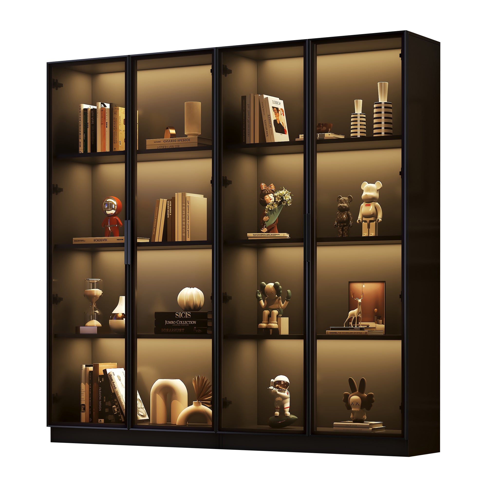 Vitrine En Verre 4 étages Avec éclairage LED Et Miroir - 42,5x36,5x164 Cm - Porte Et Serrure - Noire