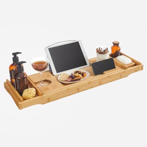 Étagère de Baignoire Extensible en Bambou avec Porte-gobelet et Porte-Savon 75-109 x 4,5 x 23 cm