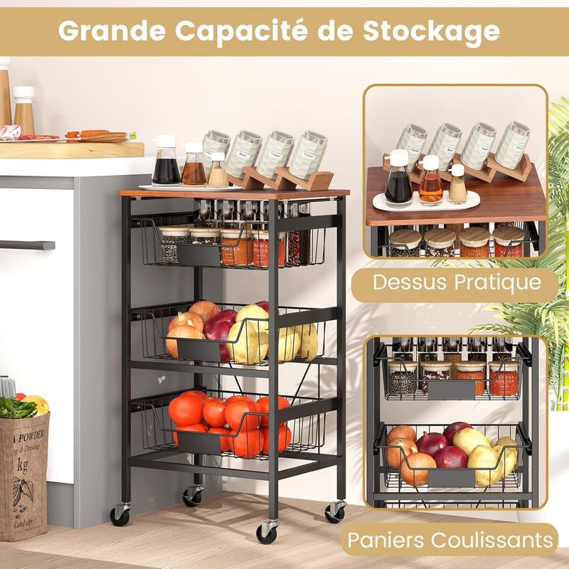 Wózek Kuchenny na Kółkach, Wózek na Kółkach z Wysuwanymi Koszami z Siatki, 4 Kółka (2 z Hamulcami) do Kuchni, Salonu, Jadalni