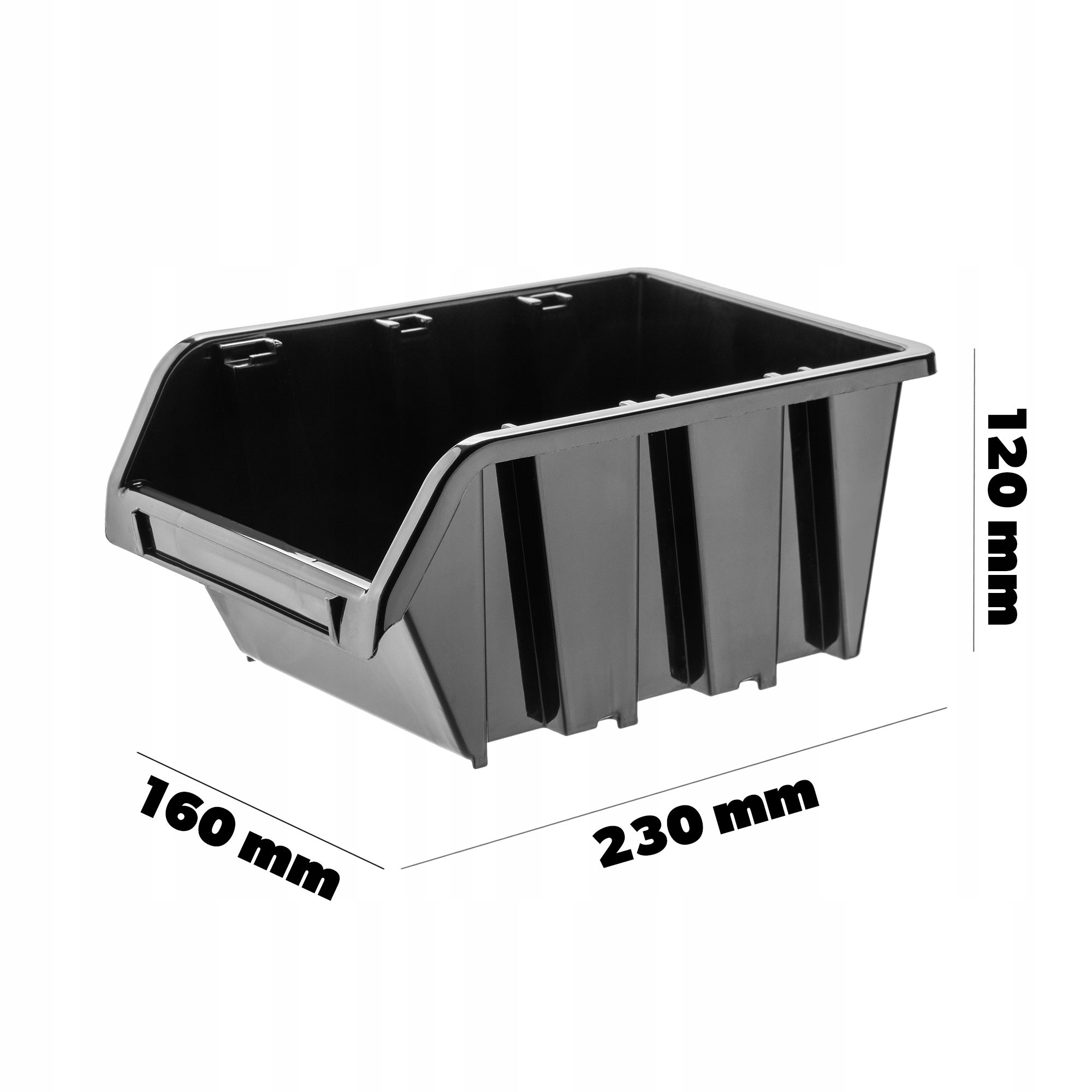 KADAX Boîtes de Rangement Murales, Boîtes Empilables en Plastique pour Organiser Vos Outils, Bacs à Bec pour Garage (Lot de 50 : Noir, 230 x 160 mm) - 3