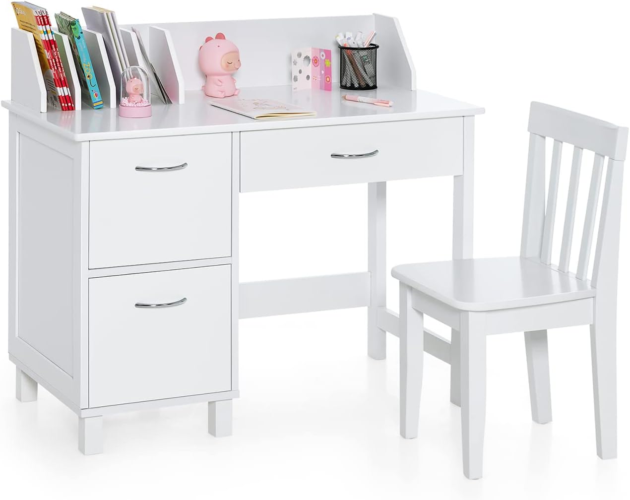 Bureau Enfant Bois + Chaise Ergonomique DREAMADE - Table Étude Avec Rangement & Design Maison Mignonne