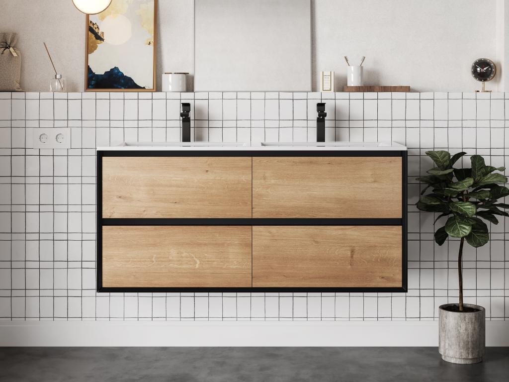 Szafka łazienkowa wisząca pod umywalkę - Naturalny jasny i czarny - 120 cm - LANNICK