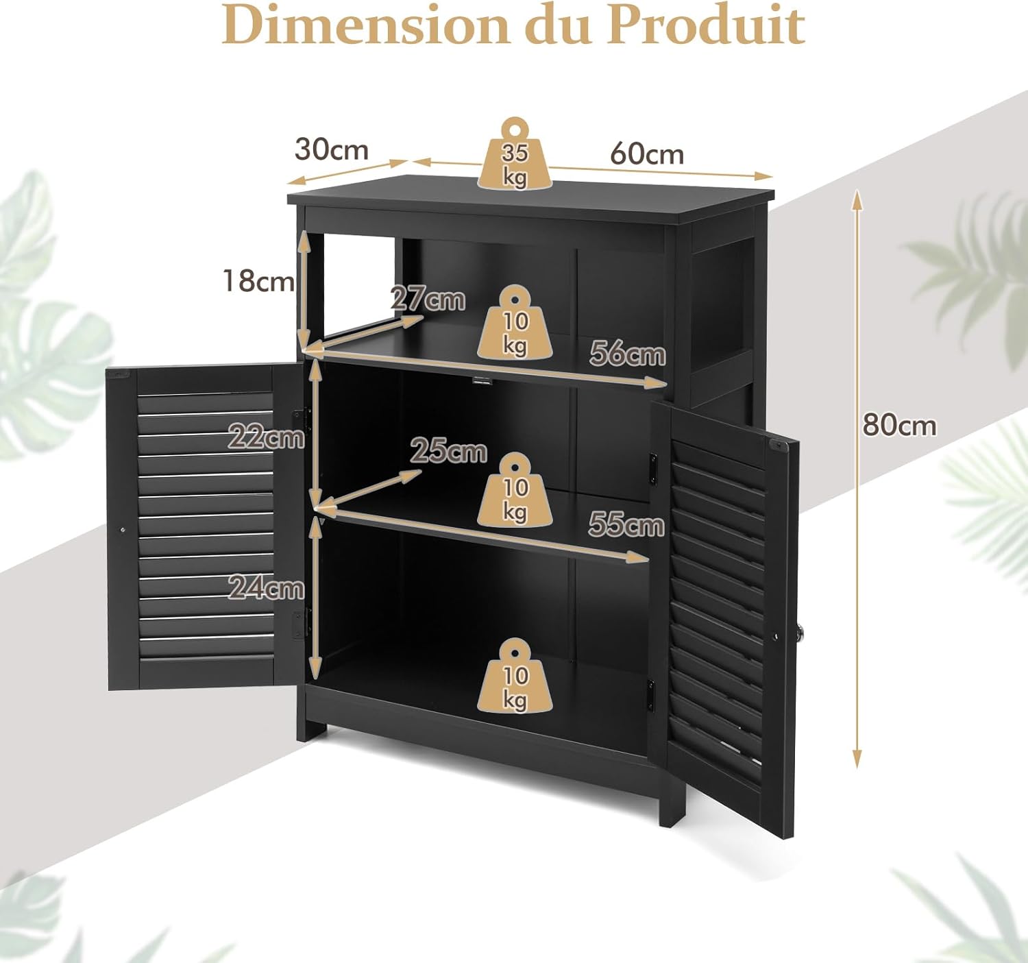 Armadietto da Bagno, Armadietto di Legno con Doppie Ante a Persiana e Mensola Regolabile, Mobile da Bagno Basso Salvaspazio per Ingresso e Cam - 3