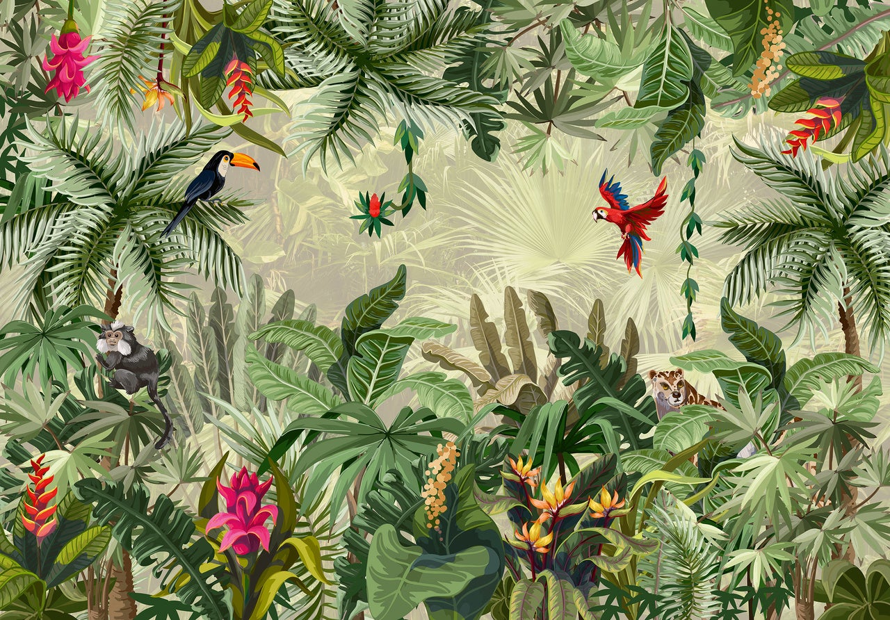 Papel pintado fotografia selva verde flor hojas pájaros 312x219 cm - incluye cola - moderno salon dormitorio papel no tejido